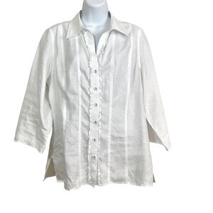 Linen White Button Up Shirt Size Large Boho Cottage Ruffled Side Slit